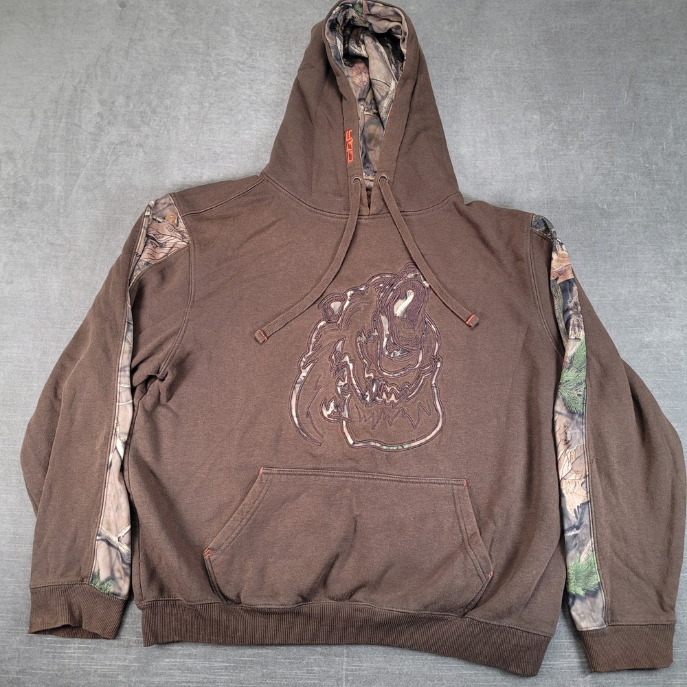 CQR Hoodie Mens XL Brown Camo Trim Long Sleeve Pullover Sweatshirt